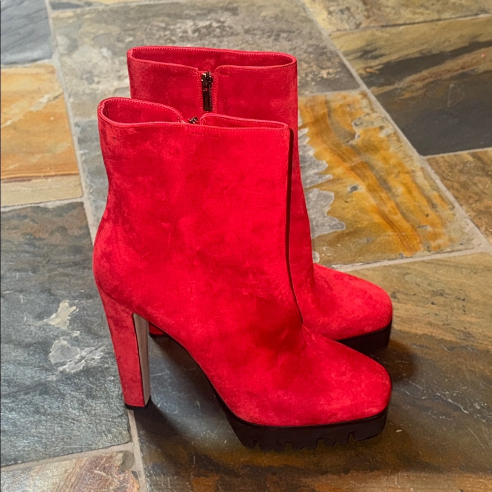 Le Silla Red Suede Leather Mid Calf Square Toe Platform Boots Size 41 / 10 NEW!!